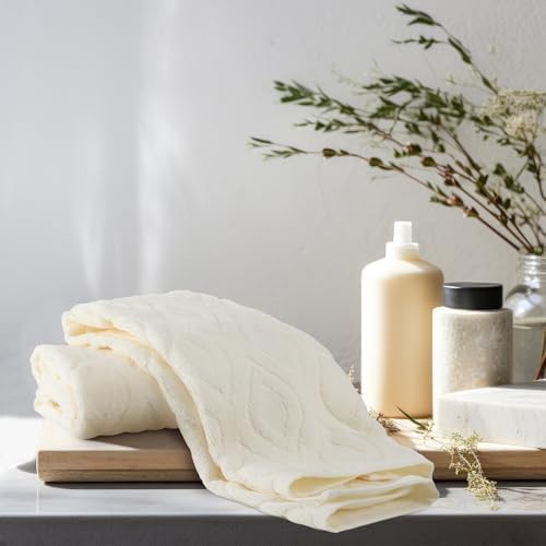 SmoothNovelty 2 Pcs Cream Ivory Geometric Jacquard Hand Towels for Bathroom