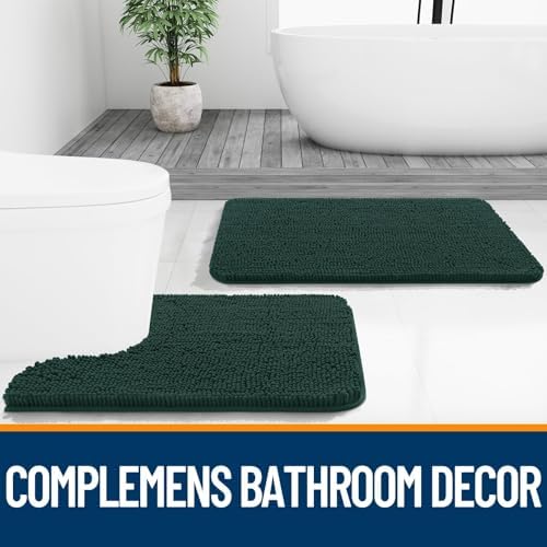 OLANLY Chenille Bathroom Rugs Sets 2 Piece, 30"x20"+24"x16", Blackish Green