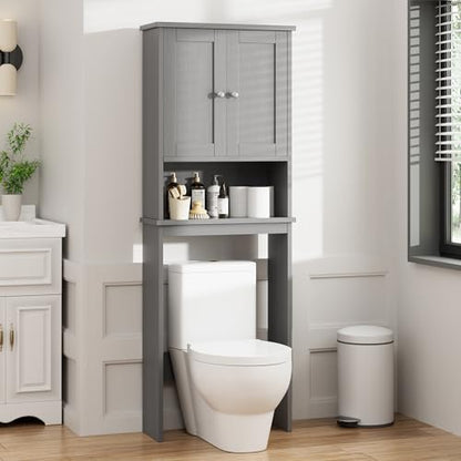 Over the Toilet Storage Cabinet, Bathroom Storage Over Toilet with Two Doors and Adjustable Shelf, Space Saver with Open Shelf, Gray