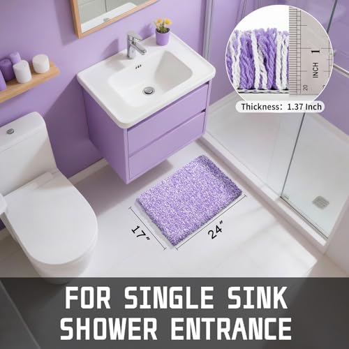 Yimobra Bathroom Rugs Non Slip Washable, Ultra Soft and Water Absorbent Bath Mats, Plush Fluffy Shower Mat Outside, Microfiber Thick Matts for Bathroom Floor/Sink, 24X17, Purple and White