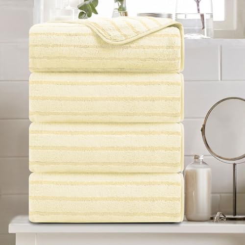 4 Pcs Light Yellow Cabana Stripe Large Bath Towels 35"x70" Oversized Bath Sheet Soft Breathable Jumbo Bathroom Towels Highly Absorbent Shower Towel Quick Dry Beach Chair Towel Spa Gym Hotel Towel Set