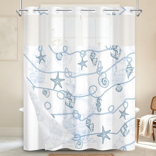 No Hook Nautical Shower Curtain with Snap in Liner 71x74 Inch