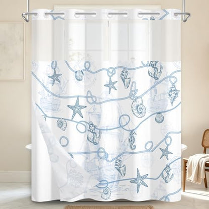 No Hook Nautical Shower Curtain with Snap in Liner 71x74 Inch