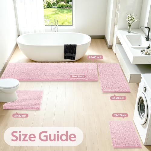 ACCUMTEK Upgrade Extra Large Pink Bathroom Rug Set 3 Pieces Ultra Soft, Thick Absorbent Bath Mats, Non Slip Chenille Toilet Mat for Bathroom, Bedroom, Kitchen