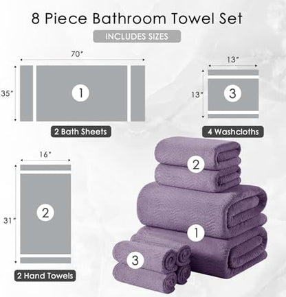 8 Piece Bath Towel Set |2 Oversized Large Bath Sheet,2 Hand Towels,4 Washcloths| Ultra Soft Cozy Bath Towel Set for Bathroom Hotel Gym Spa,Highly Absorbent Quick Dry Bathroom Towel Collections,Purple