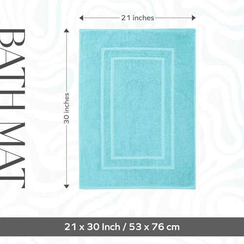 Feather & Stitch 2 Piece Towel Like Bath Mats (30x21 Inch) 100% Cotton Terry Bath Mats, Bathroom Shower Floor Mats [NOT A Bathroom Rug], Soft Absorbent Washable Mats - Aqua