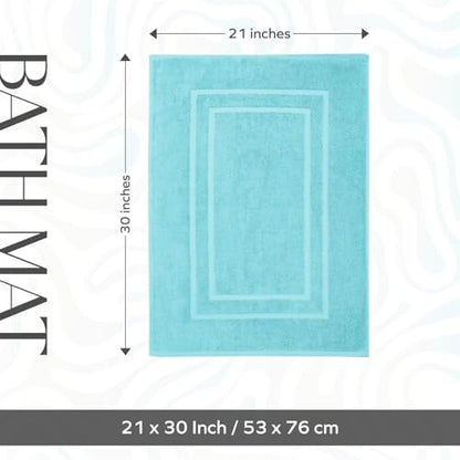 Feather & Stitch 2 Piece Towel Like Bath Mats (30x21 Inch) 100% Cotton Terry Bath Mats, Bathroom Shower Floor Mats [NOT A Bathroom Rug], Soft Absorbent Washable Mats - Aqua