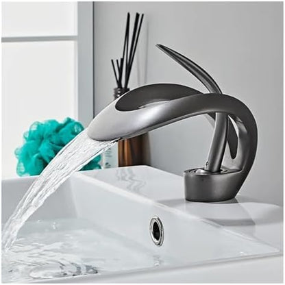 Creative Single Hole Kitchen Faucet, Frosted Gold Bathroom Sink Tap, Hot & Cold Water Mixer, All-Copper Waterfall Style Faucet for Vanity Cabinet