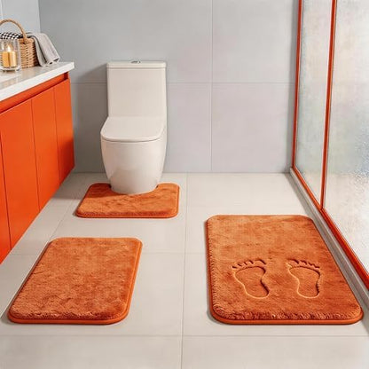 Orange Memory Foam Bath Mat Set Extra Soft Bathroom Rugs 3 Piece Non Slip Absorbent & Dry Living Mat Sets Washable Bath Carpets with Toilet Rug,Bath Rugs for Bathroom,Tub,Shower,Kitchen,Bedroom