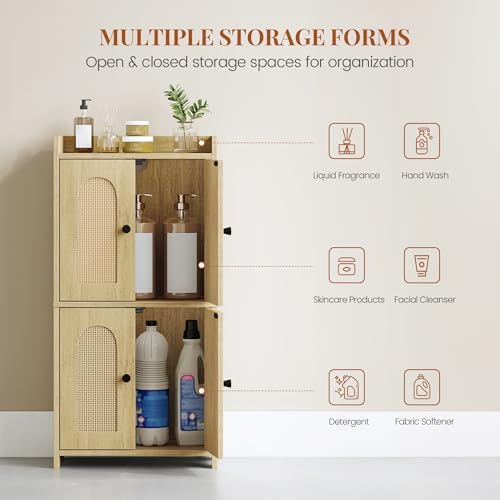 HEXCELEN Small Storage Cabinet, Bathroom Storage Cabinet with 4 Doors, Floor Bathroom Organizer Freestanding for Small Spaces, Living Room, Kitchen, Entryway (Mediterranean, Yellow)