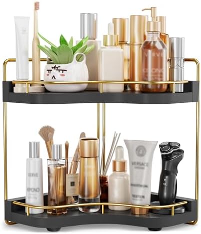 2-Tier Corner Bathroom Counter Organizer, Larger, Black Gold