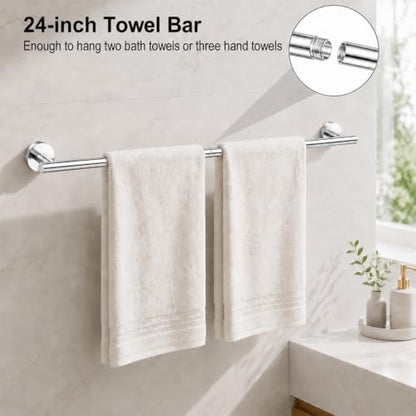 Polished Chrome Bathroom Accessories Set, 7 Pieces Towel Bar Bathroom Hardware Set, 24 Inch Towel Racks for Bathroom, SUS304 Stainless Steel Bathroom Towel Holder Toilet Paper Holder Wall Mounted