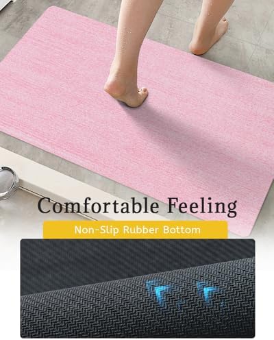 Mecko Bath Mat 16"x24",Ultra Thin Bathroom Rug fit Under Door Pink