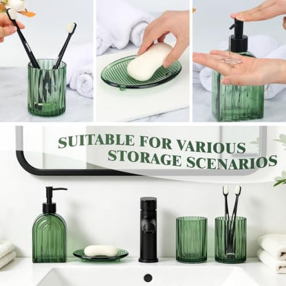 Bathroom Accessories Set, 4Pcs Glass Bathroom Accessories Set Complete, 13.5OZ Lotion Soap Dispenser, Toothbrush Holder, Mouthwash Cup, Soap Dish for Bathroom Decor, Countertop Organizer (Green)