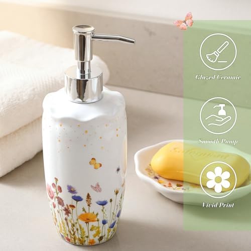 Newtay Ceramic Bathroom Accessories Set of 4, Wildflower Meadow Floral Decor with Butterflies & Gold Speckles, Soap Dispenser Pump, Toothbrush Holder, Tumbler Cup & Soap Dish for Countertop Vanity