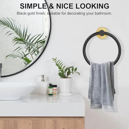 SetSail Towel Holder for Bathroom Wall Round Towel Ring, Black and Glod