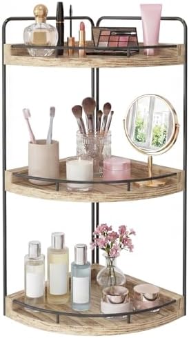 Fixwal 3 Tier Corner Bathroom Countertop Organizer Vanity Shelf Light Brown