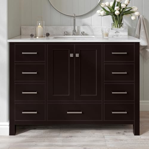 ARIEL Cambridge 48-inch Bathroom Vanity with Sink,Solid Wood, 0.75-inch Italian Carrara Marble Countertop, Single Rectangular Porcelain Sink, 2 Soft Closing Doors, 9 Dovetail Drawers, Espresso