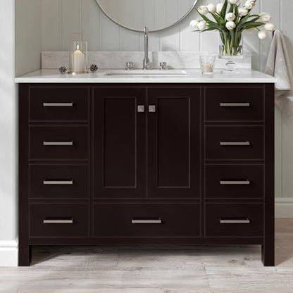 ARIEL Cambridge 48-inch Bathroom Vanity with Sink,Solid Wood, 0.75-inch Italian Carrara Marble Countertop, Single Rectangular Porcelain Sink, 2 Soft Closing Doors, 9 Dovetail Drawers, Espresso
