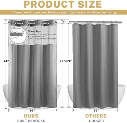 WONICY Small No Hook Shower Curtain with Snap-in Liner, Grey, 36 x 74