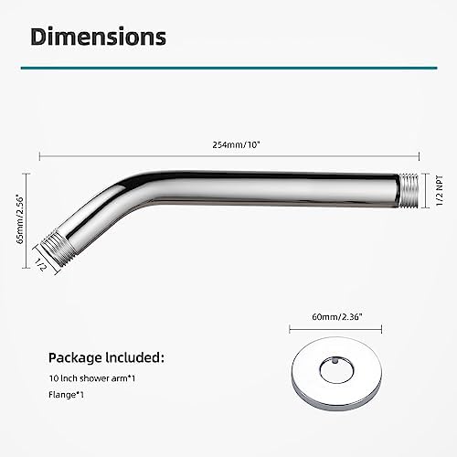 Cobbe Shower Arm with Flange and Teflon Tape, 10-Inches Wall Mounted Shower Pipe Arm 304 Stainless Steel Extension for Fixed Shower Head, Chrome