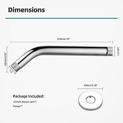 Cobbe Shower Arm with Flange and Teflon Tape, 10-Inches Wall Mounted Shower Pipe Arm 304 Stainless Steel Extension for Fixed Shower Head, Chrome