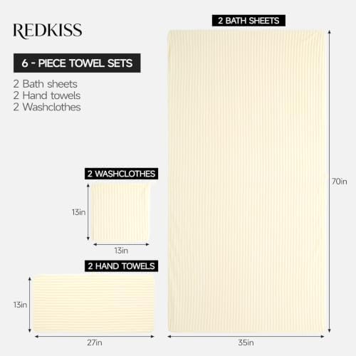REDKISS Cream Microfiber Bath Towels Set 6 Piece - 70x35 Inches Oversized Bathroom Towels Set of 6 Large,Highly Absorbent Soft Shower Towels for Hotel,Gym 2 Bath Sheet 2 Hand Towel 2 Washcloths