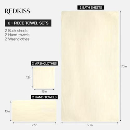 REDKISS Cream Microfiber Bath Towels Set 6 Piece - 70x35 Inches Oversized Bathroom Towels Set of 6 Large,Highly Absorbent Soft Shower Towels for Hotel,Gym 2 Bath Sheet 2 Hand Towel 2 Washcloths