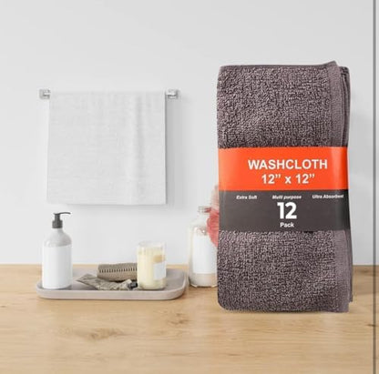 KAHAF COLLECTION 12 Pack Washcloths | Multicolour 100% Cotton Extra Absorbent Face Towels | Soft, Quick Dry Wash Cloths for Bathroom, Spa, Gym, Baby & Travel (12 Packs (12 x 12))