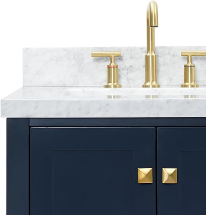 ARIEL Cambridge 60-inch Bathroom Vanity with Sink,Solid Wood, 1.5-inch Italian Carrara Marble Countertop, Double Rectangular Porcelain Sink, 4 Soft Closing Doors, 6 Dovetail Drawers, Midnight Blue