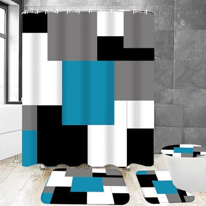 Yddsky 4PCS Geometric Blue Shower Curtain Sets for Bathroom,72x72 Inch