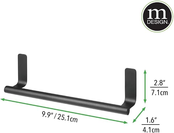 mDesign Steel Wall-Mounted Towel Rack Storage Holder - Self-Adhesive Space Saving Towel Bar for Bathroom, Kitchen - Holds Hand Towels - Stick on Doors or Cabinet - Omni Collection - 2 Pack - Black