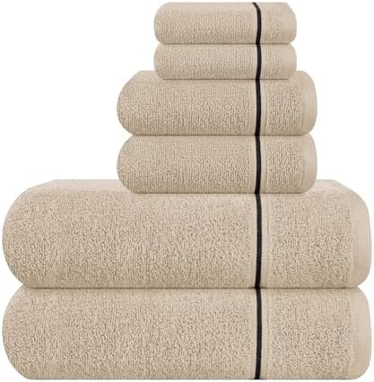 MyOwn Ultra Soft 6 Pack Cotton Towel Set, Contains 2 Bath Towels 28x55 inch, 2 Hand Towels 16x24 inch & 2 Wash Coths 12x12 inch, Ideal Everyday use, Compact & Lightweight - Tan