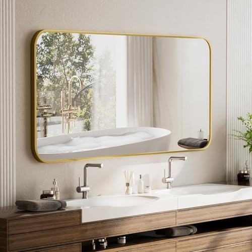 BEAUTYPEAK 26" x 38" Rectangular Aluminum Alloy Frame Wall Mounted Bathroom Mirror with Rounded Corners, Gold