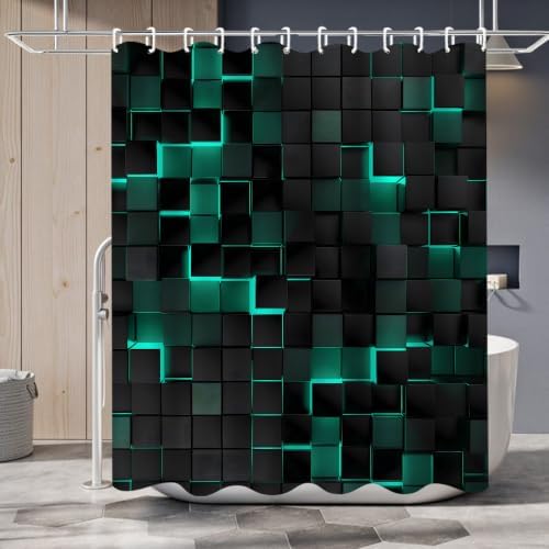 LQCOOL 4Pcs Green Shower Curtain Set 3D Cubes Bathroom Sets Modern Shower Curtain Set for Bathroom Sets with Rugs Black and Green Shower Curtain with 12 Hooks