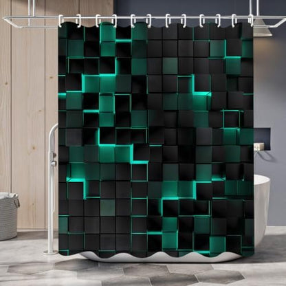 LQCOOL 4Pcs Green Shower Curtain Set 3D Cubes Bathroom Sets Modern Shower Curtain Set for Bathroom Sets with Rugs Black and Green Shower Curtain with 12 Hooks