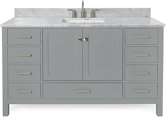 ARIEL Cambridge 60-inch Bathroom Vanity with Sink,Solid Wood, 0.75-inch Italian Carrara Marble Countertop, Single Rectangular Porcelain Sink, 2 Soft Closing Doors, 9 Dovetail Drawers, Grey