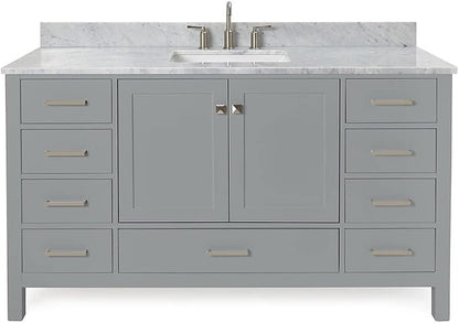 ARIEL Cambridge 60-inch Bathroom Vanity with Sink,Solid Wood, 0.75-inch Italian Carrara Marble Countertop, Single Rectangular Porcelain Sink, 2 Soft Closing Doors, 9 Dovetail Drawers, Grey