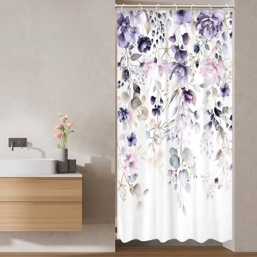 Floral Small Stall Purple Pink Leaf Bathroom Shower Curtain Set