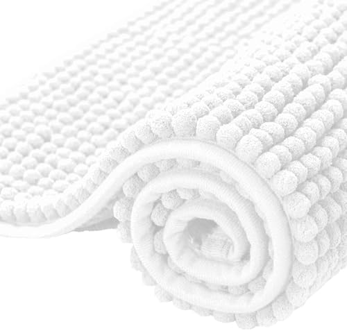 SUBRTEX Bathroom Rugs, 24" x 44" Chenille Bath Rug Soft Short Plush Bath Mat Soft Shower Mat Water Absorbent Shower Mat Quick Dry Machine Washable, White