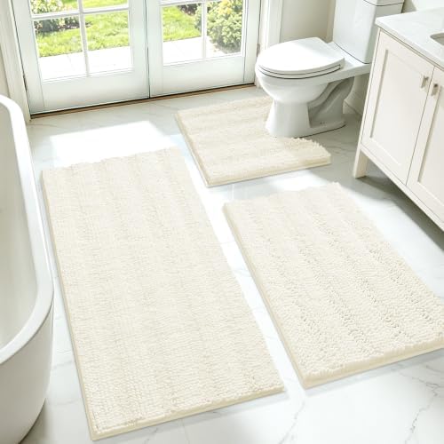 ACCUMTEK Striped Ice Cream Bathroom Rug Set 3 Pieces Ultra Soft, Non Slip Chenille Toilet Mat, Absorbent Plush Shaggy Bath Mats for Bathroom, Bedroom, Kitchen