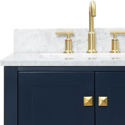 ARIEL Cambridge 60-inch Bathroom Vanity with Sink,Solid Wood, 0.75-inch Italian Carrara Marble Countertop, Double Rectangular Porcelain Sink, 4 Soft Closing Doors, 6 Dovetail Drawers, Midnight Blue