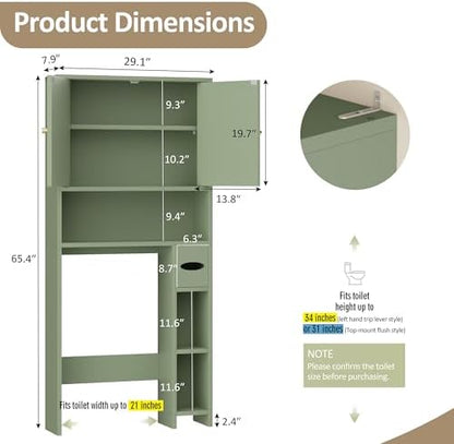65.4" Over the Toilet Storage Cabinet, 29.1" Wide Bathroom Organizer with Toilet Paper Holder & Adjustable Shelf, Freestanding Space Saving Cabinet for Apartment, Laundry, Green