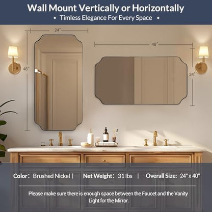 MIRRORART Brushed Nickel Bathroom Mirror 24x48'', Full-Length Wall Mirror