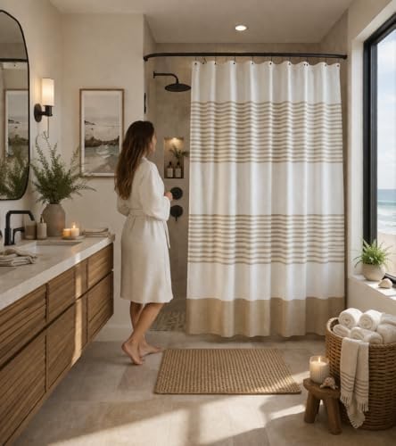 Serafina Home Tan Beige & White Striped Cotton Bathroom Shower Curtain