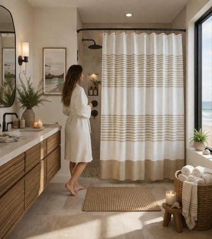 Serafina Home Tan Beige & White Striped Cotton Bathroom Shower Curtain