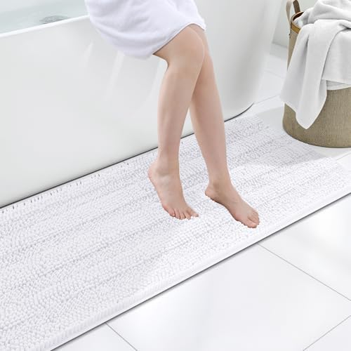 Grandaily Chenille Striped Bathroom Rugs 47x20, Extra Thick and Soft Absorbent Bath Mats, Rubber Backing, Plush Shaggy Shower Carpet, Machine Wash Dry, Bath Rug for Bathroom, Solid White