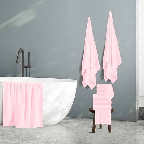 Belizzi Home 100% Cotton Towel Set, Contains 6 Soft Bath Towel, 6 Hand Towels, 12 Wash Cloths - Compact Absorbent Lightweight & Quickdry Towels for Bathroom - 24 Piece Bathroom Towel Set - Pink