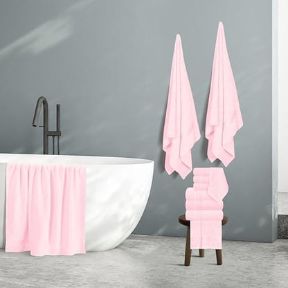 Belizzi Home 100% Cotton Towel Set, Contains 6 Soft Bath Towel, 6 Hand Towels, 12 Wash Cloths - Compact Absorbent Lightweight & Quickdry Towels for Bathroom - 24 Piece Bathroom Towel Set - Pink