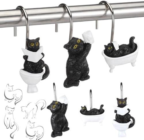 Roowest 12 Pcs Black Cat Shower Curtain Hooks, Stainless Steel Farmhouse
